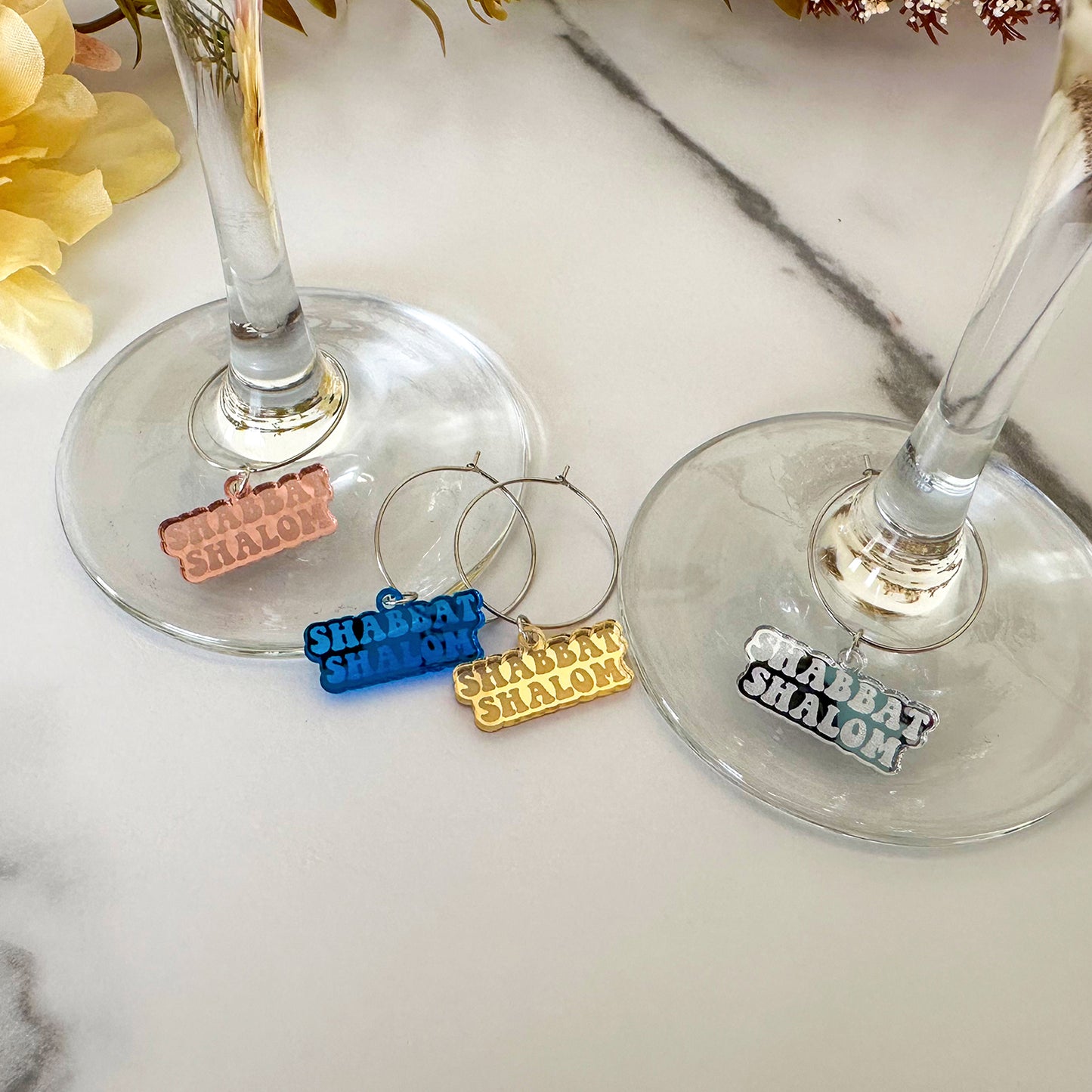 Shabbat Shalom Wine Charms (Set of 4)